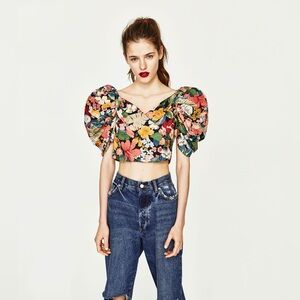 ZARA Women’s Floral Crop Bubble Puff Sleeve Top | Size XSmall